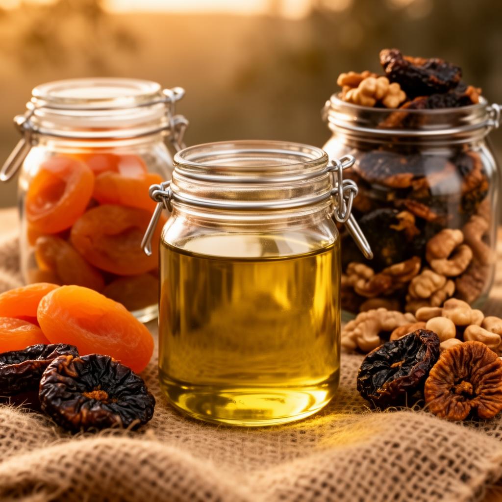 عبوات زجاجية تحوي زيت الزيتون والفواكه المجففة والمكسرات